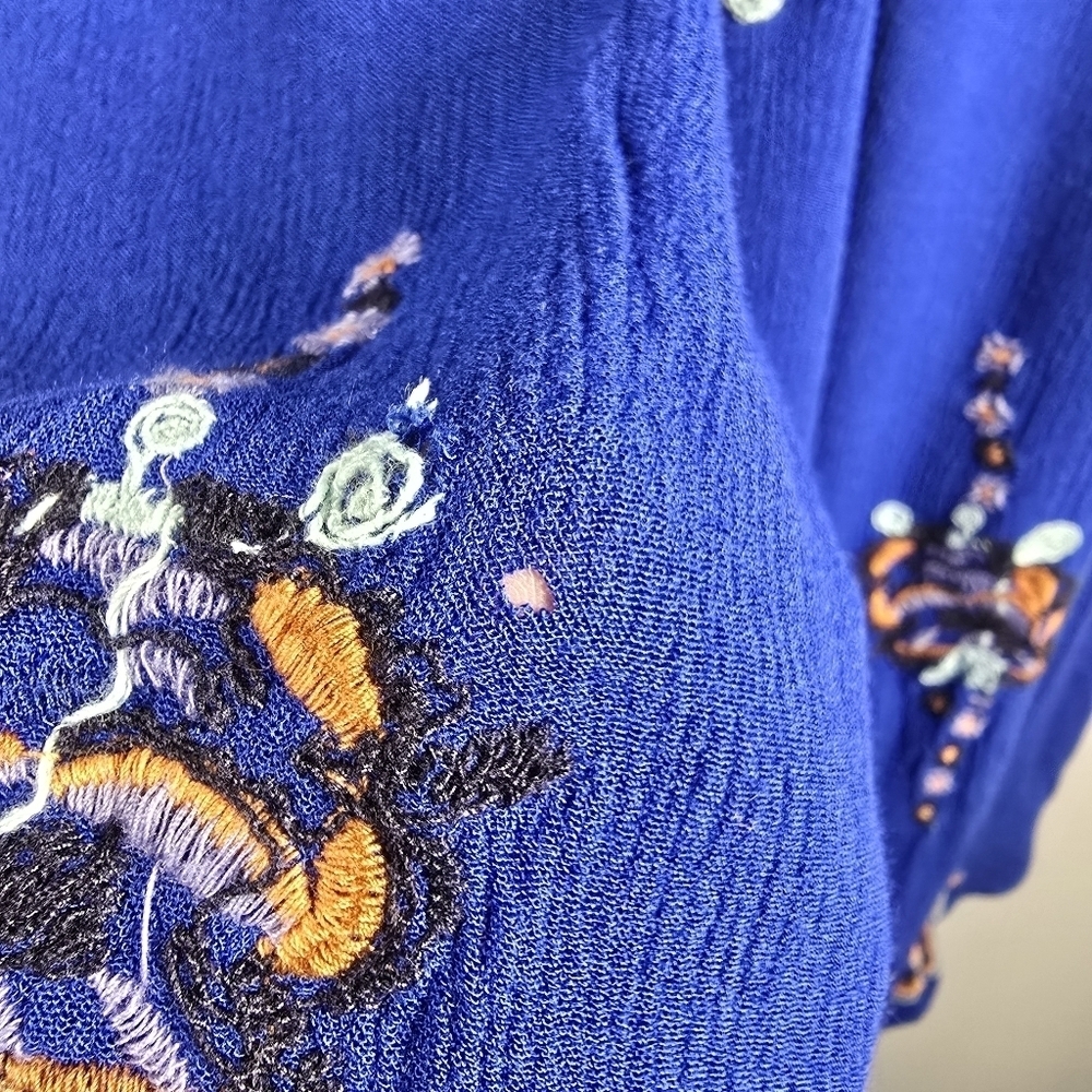 Free People Women's Boho Blue Oxford Embroidered Balloon Sleeve Dress Size S - Picture 10 of 16